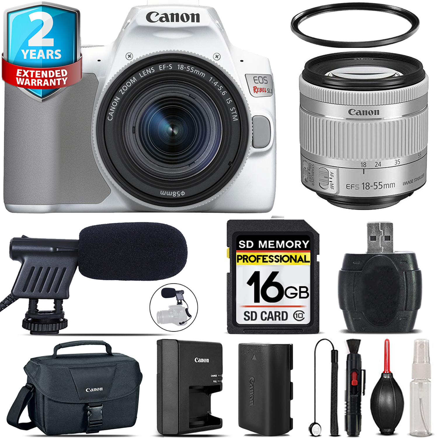 EOS Rebel SL3 Camera(White) + 18-55mm IS STM + Mic + UV + Case - 16GB Kit *FREE SHIPPING*