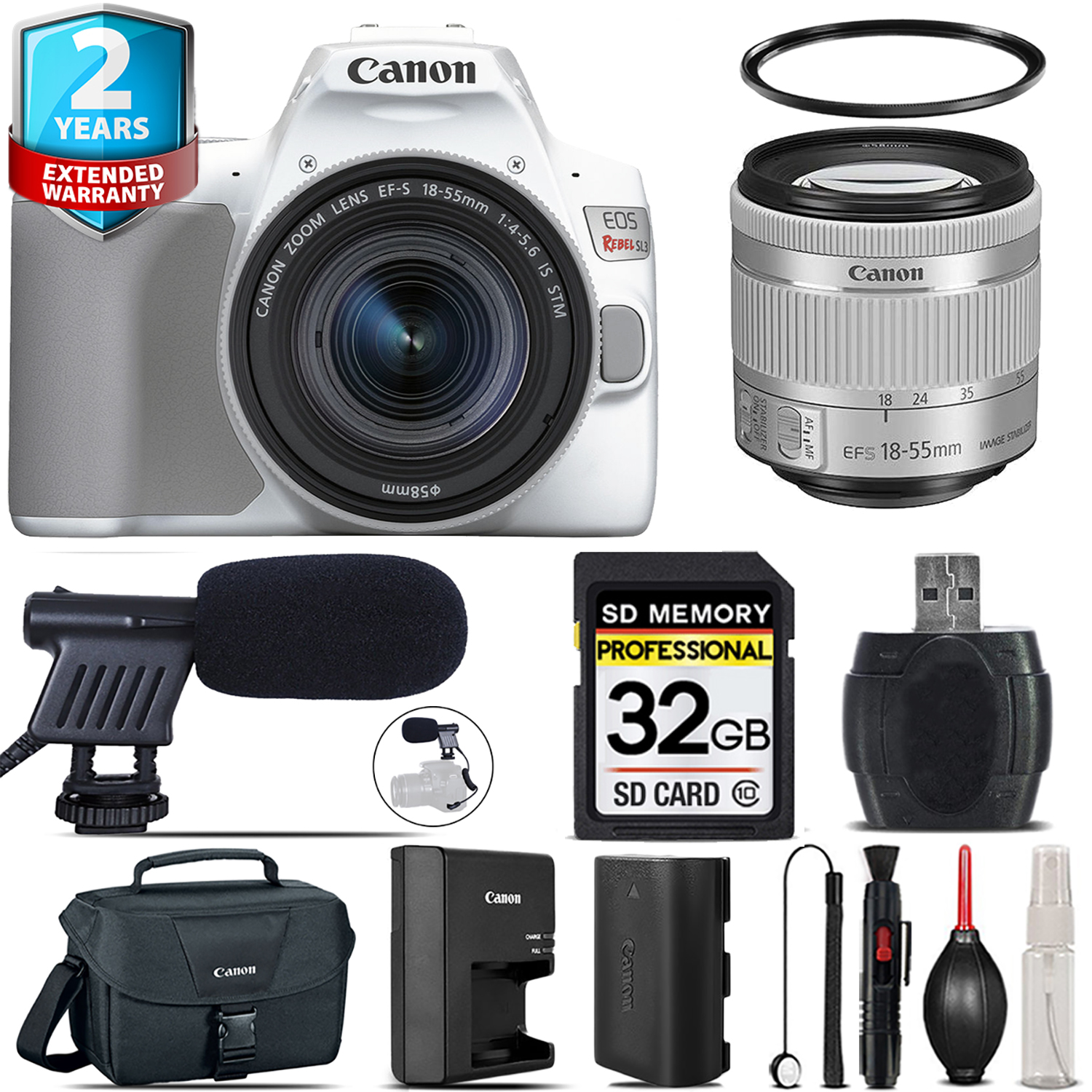 EOS Rebel SL3 Camera(White) + 18-55mm IS STM + Mic + UV + Case - 32GB Kit *FREE SHIPPING*