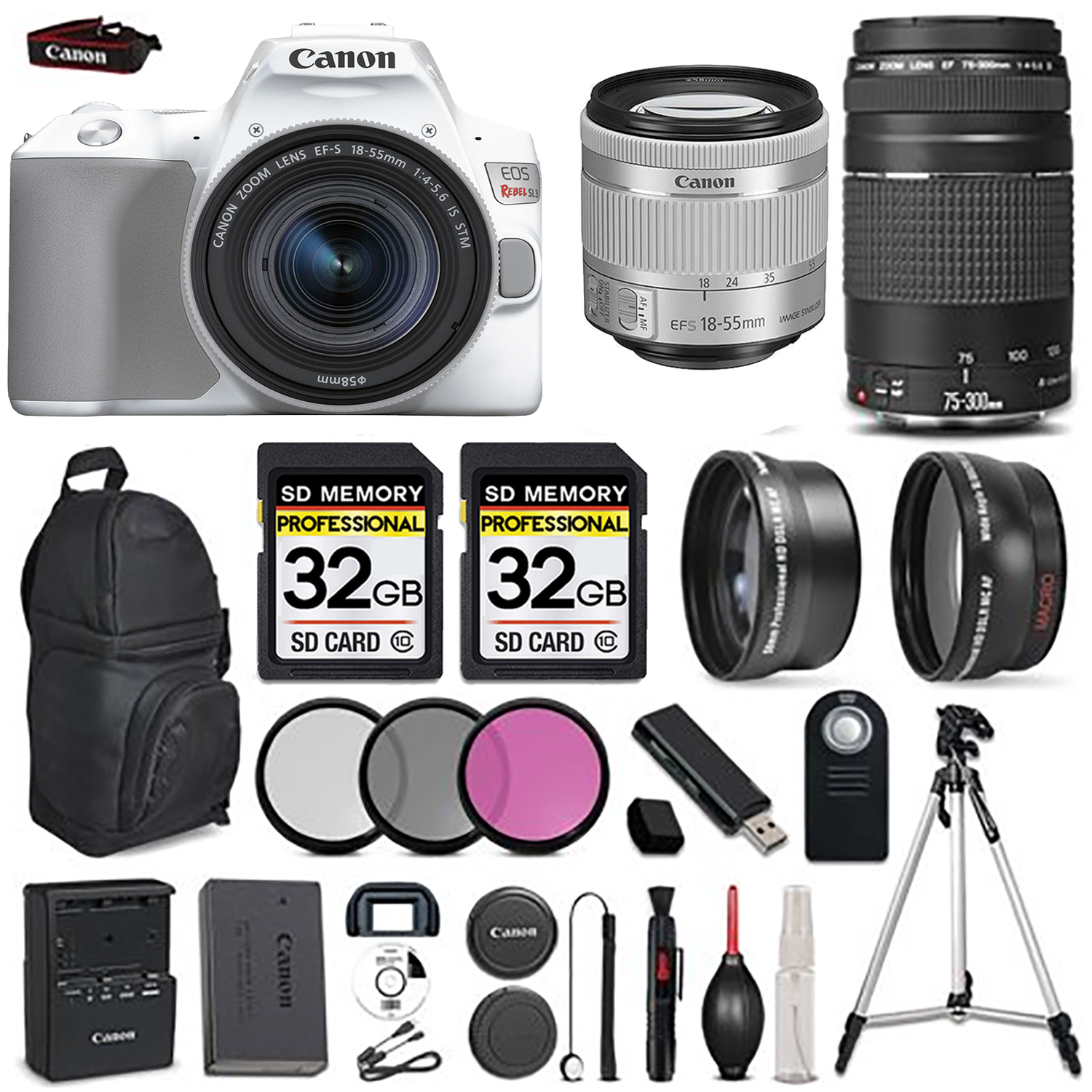 EOS Rebel SL3 Digital Camera (White) with 18-55mm IS STM + 75- 300mm III  - LOADED KIT *FREE SHIPPING*