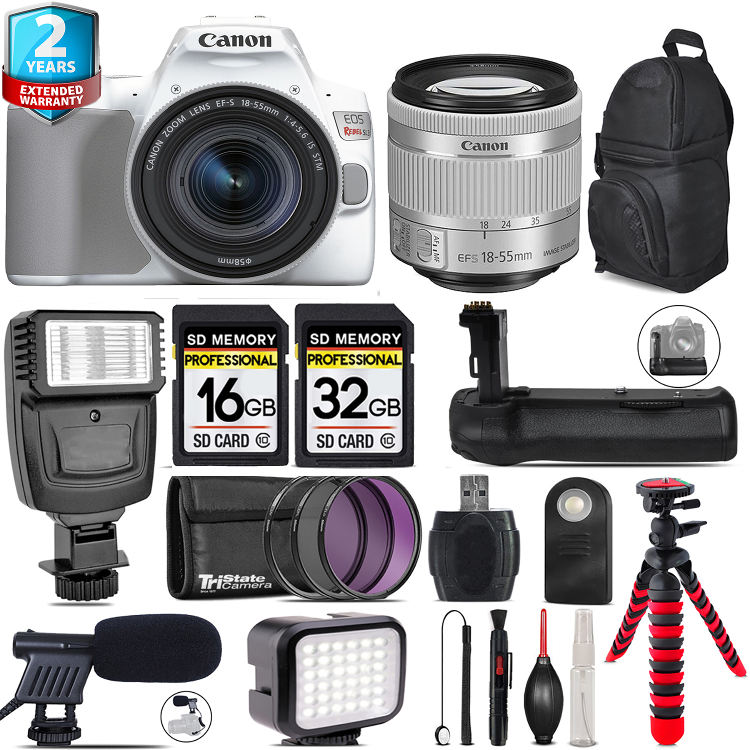 EOS Rebel SL3 Camera (White) + 18-55mm IS STM + LED Kit + Mic + 48GB *FREE SHIPPING*