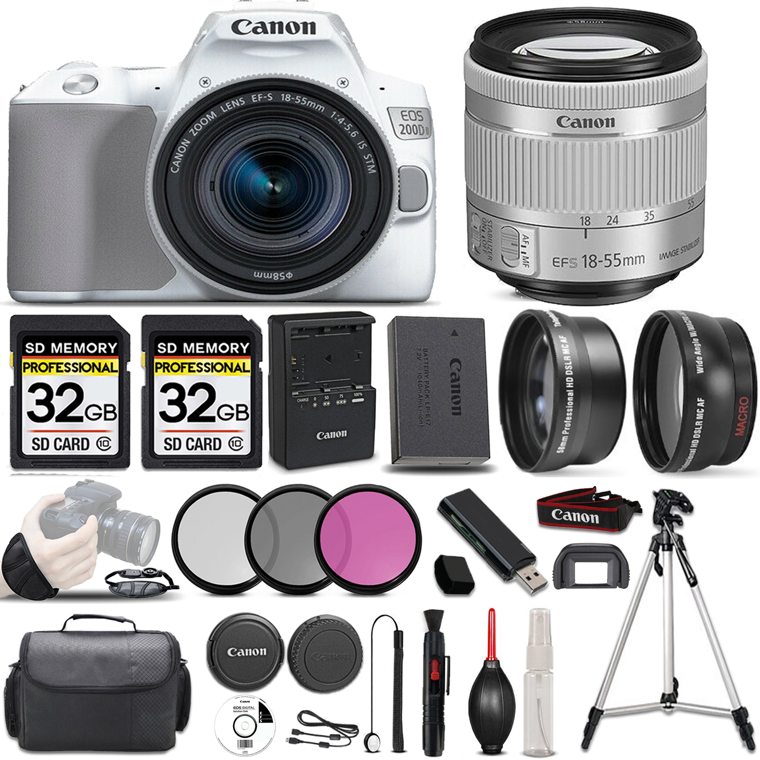 EOS Rebel 200D DSLR Camera(White)+ 18-55mm STM Lens + 64GB- Accessory Kit *FREE SHIPPING*