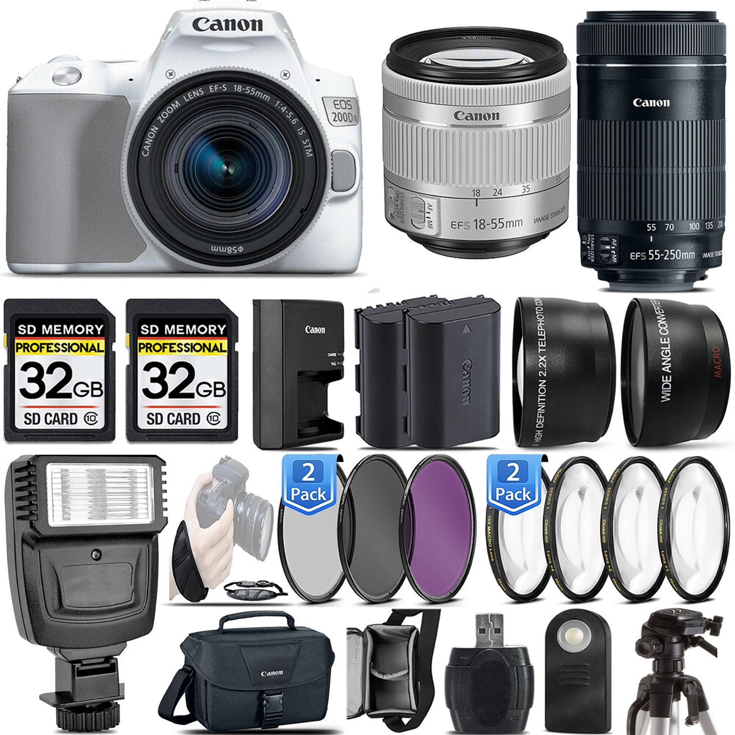 EOS Rebel 200D DSLR Camera(White) + 18-55mm STM + 55-250mm STM - 64GB Kit *FREE SHIPPING*