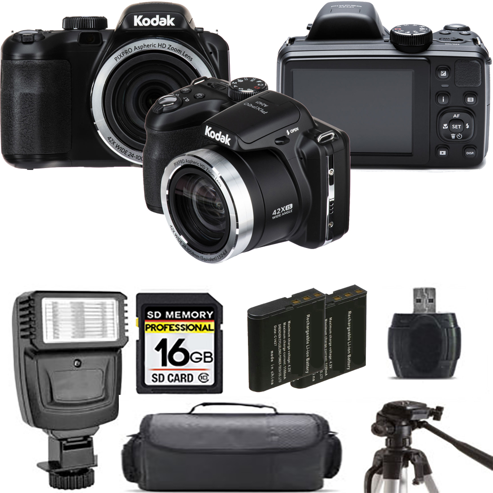 PIXPRO AZ421 Digital Camera (Black) + Extra Battery + Flash - 16GB Kit *FREE SHIPPING*