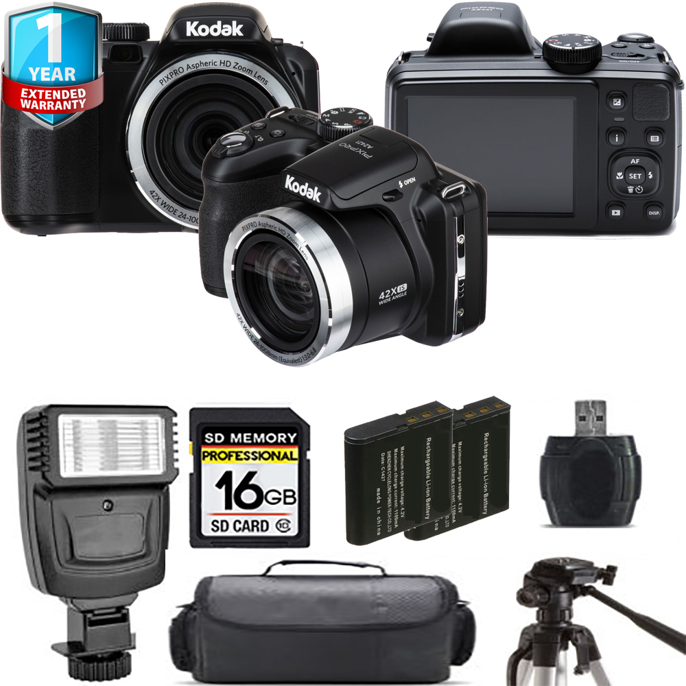 PIXPRO AZ421 Digital Camera (Black) + Extra Battery + Flash + 1 Year Extended Warranty *FREE SHIPPING*