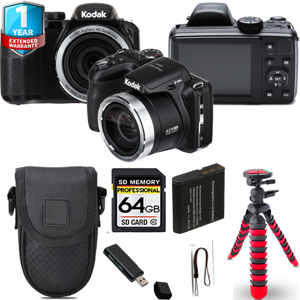 PIXPRO AZ421 Digital Camera (Black) + Spider Tripod + 1 Year Extended Warranty - 64GB *FREE SHIPPING*