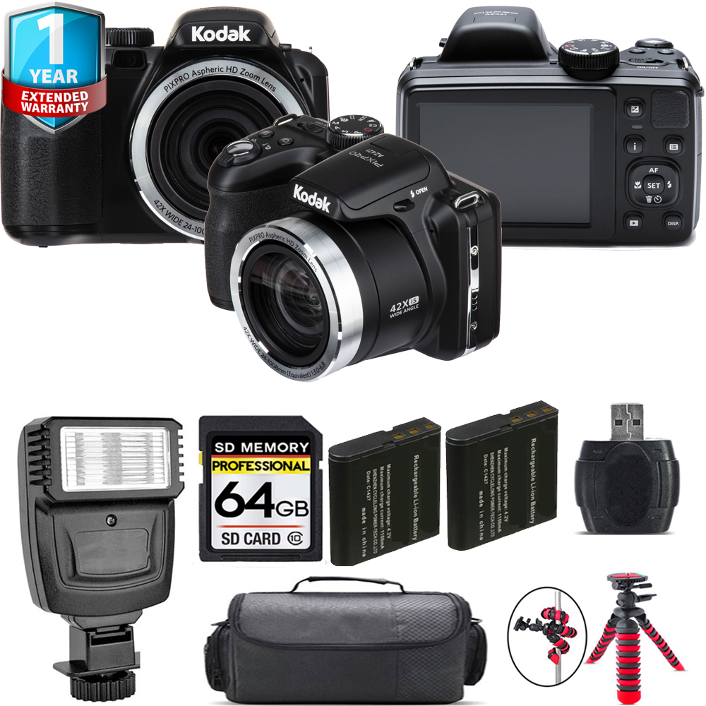 PIXPRO AZ421 Digital Camera (Black) + 1 Year Extended Warranty + Flash - 64GB Kit *FREE SHIPPING*