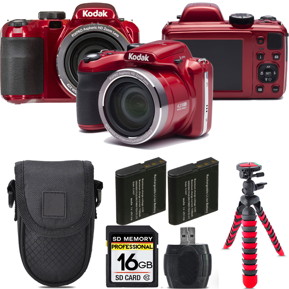 PIXPRO AZ421 Digital Camera (Red) + Extra Battery + Tripod + Case -16GB Kit *FREE SHIPPING*
