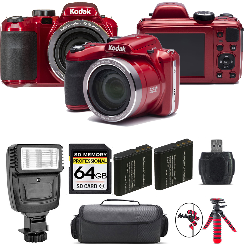 PIXPRO AZ421 Digital Camera (Red) + Extra Battery + Flash - 64GB Kit *FREE SHIPPING*