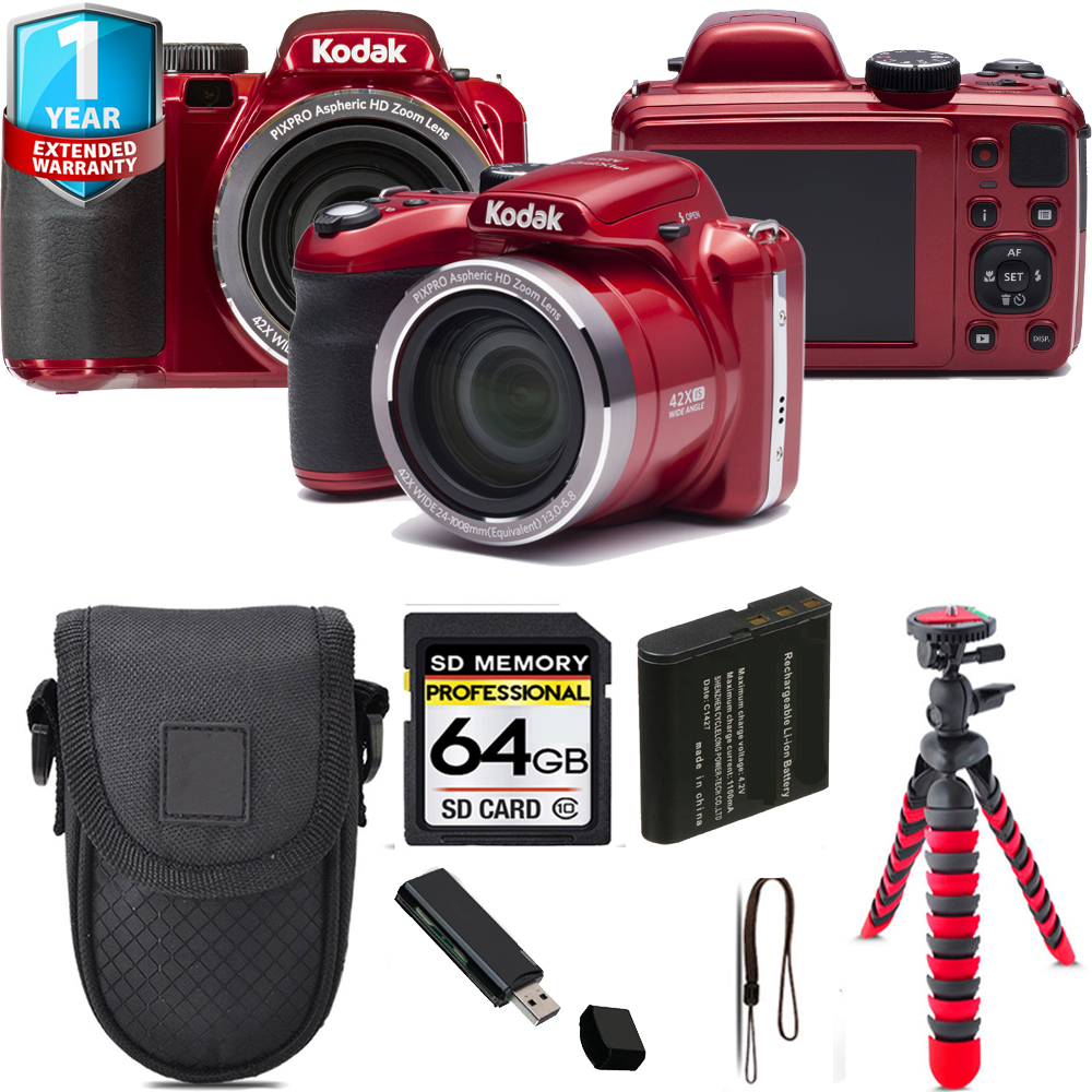 PIXPRO AZ421 Digital Camera (Red) + Tripod + 1 Year Extended Warranty - 64GB Kit *FREE SHIPPING*