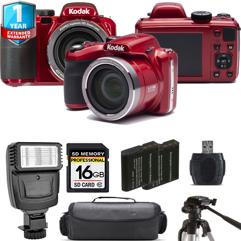 PIXPRO AZ421 Digital Camera (Red) + Extra Battery + Flash + 1 Year Extended Warranty *FREE SHIPPING*