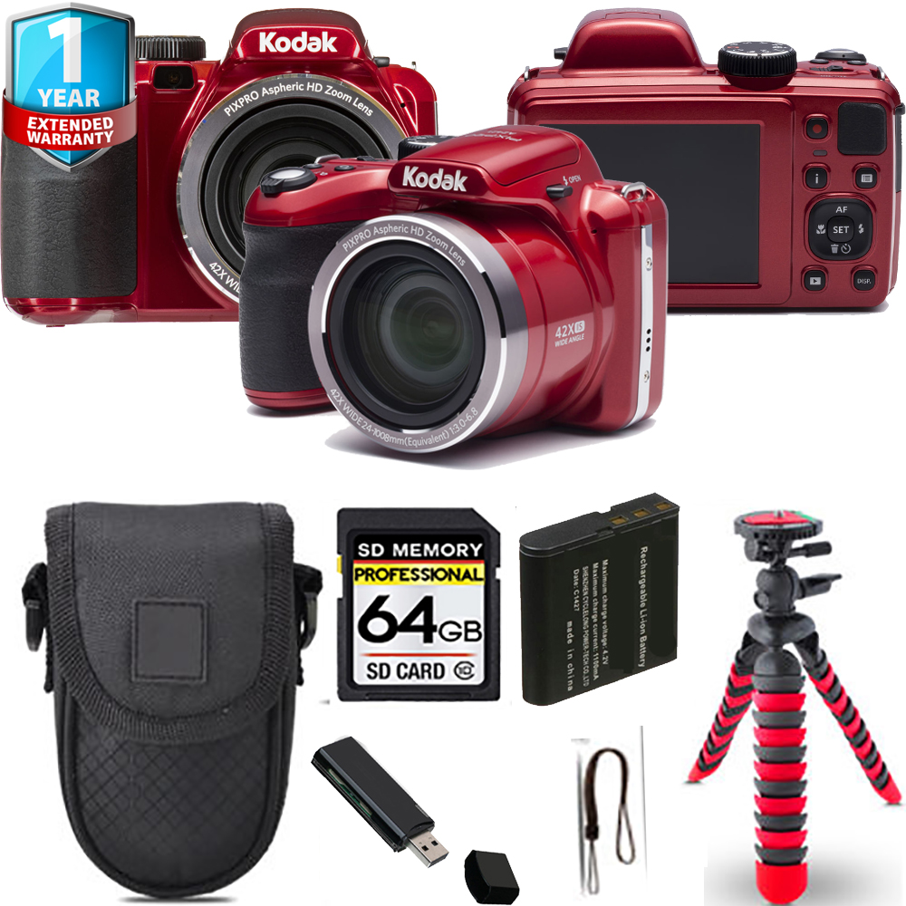 PIXPRO AZ421 Digital Camera (Red) + Spider Tripod + 1 Year Extended Warranty - 64GB *FREE SHIPPING*