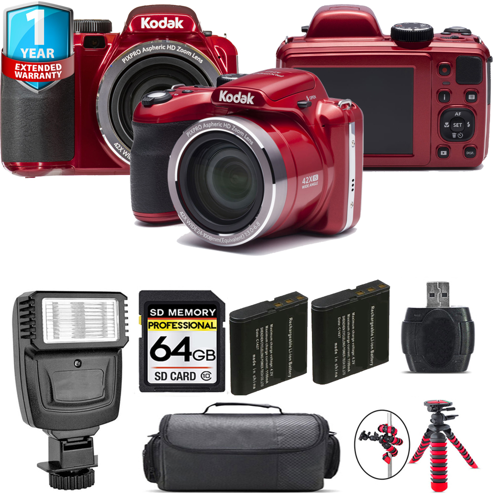 PIXPRO AZ421 Digital Camera (Red) + 1 Year Extended Warranty + Flash - 64GB Kit *FREE SHIPPING*
