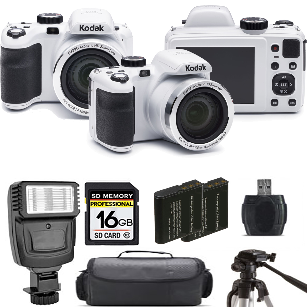 PIXPRO AZ421 Digital Camera (White) + Extra Battery + Flash - 16GB Kit *FREE SHIPPING*