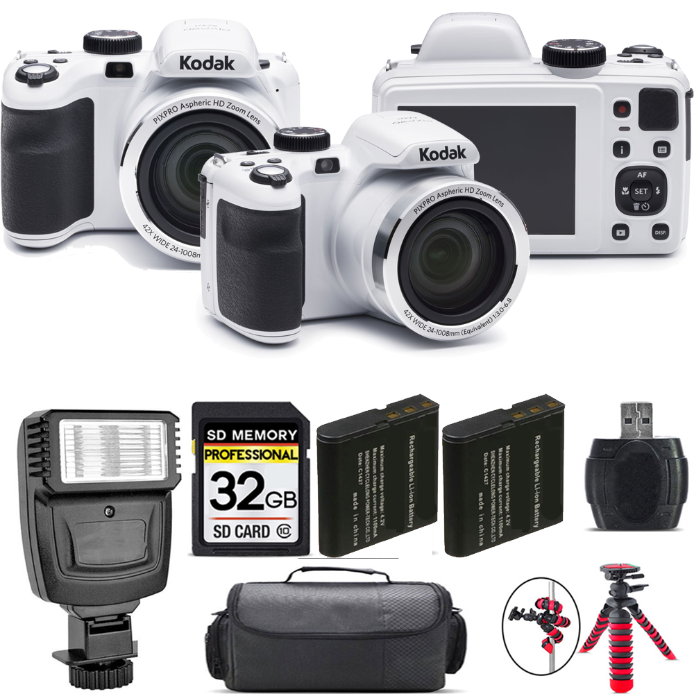 PIXPRO AZ421 Digital Camera (White) + Extra Battery + Flash - 32GB Kit *FREE SHIPPING*