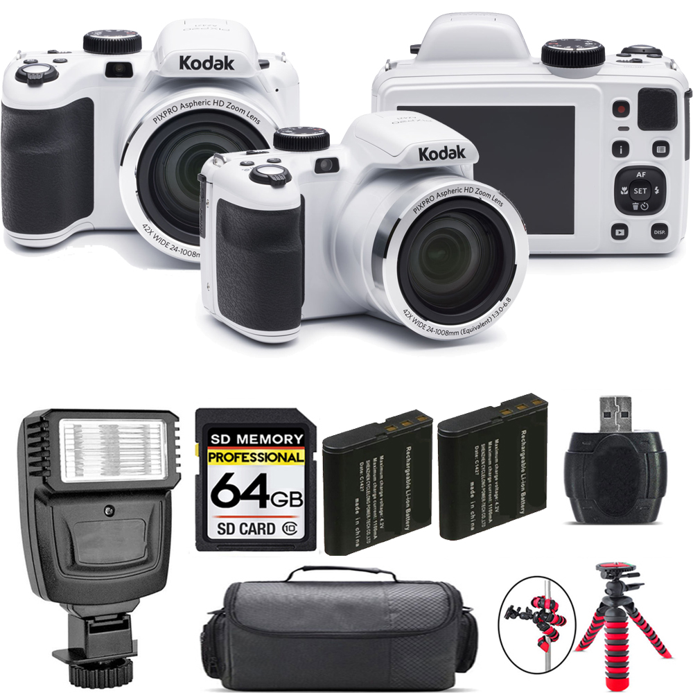 PIXPRO AZ421 Digital Camera (White) + Extra Battery + Flash - 64GB Kit *FREE SHIPPING*