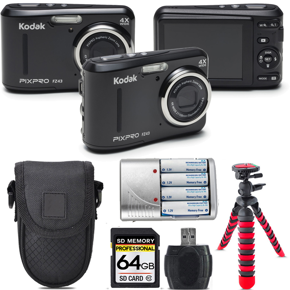 PIXPRO FZ43 Digital Camera (Black) + Extra Battery + Tripod + 64GB Kit *FREE SHIPPING*