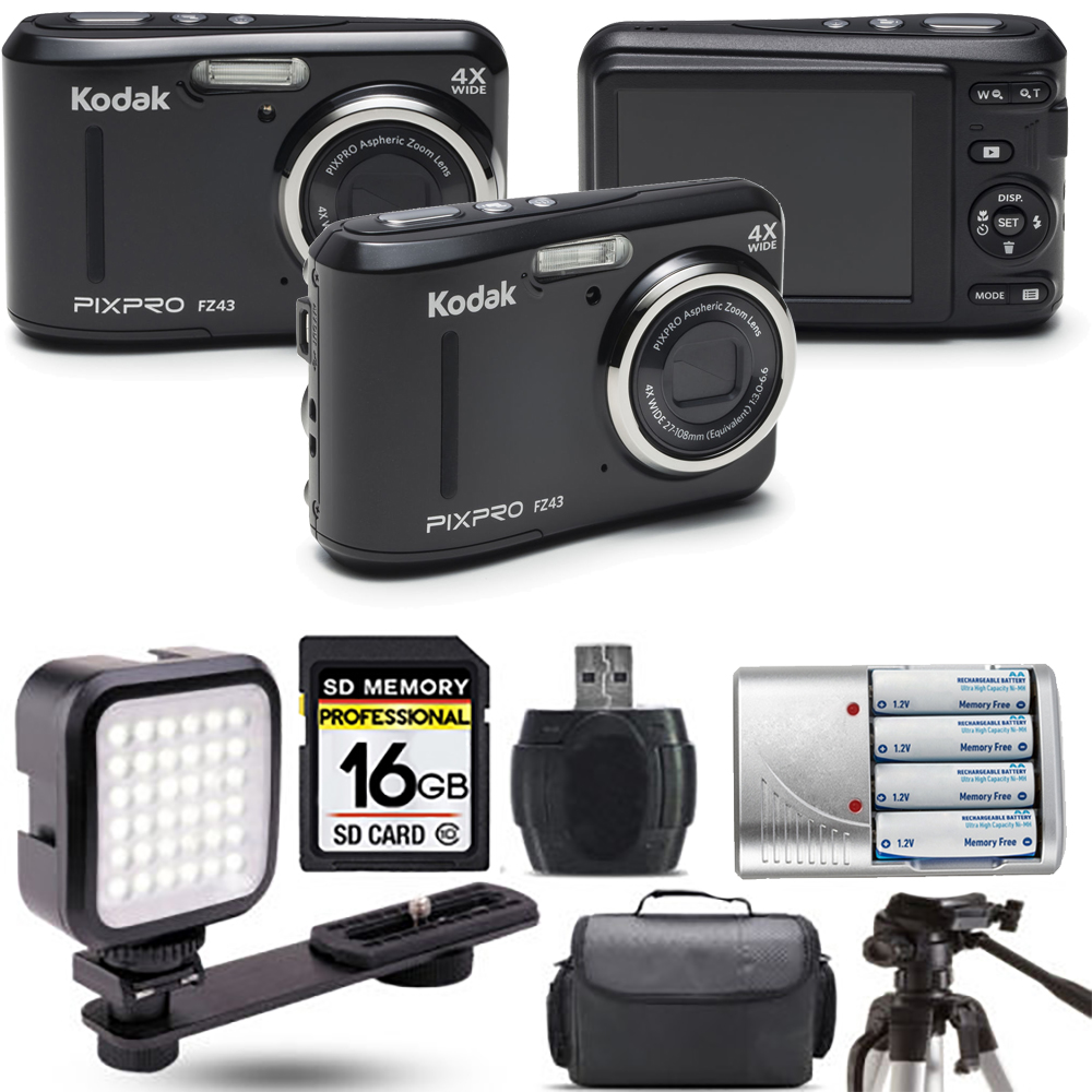 PIXPRO FZ43 Digital Camera (Black) + Extra Battery + LED - 16GB Kit *FREE SHIPPING*