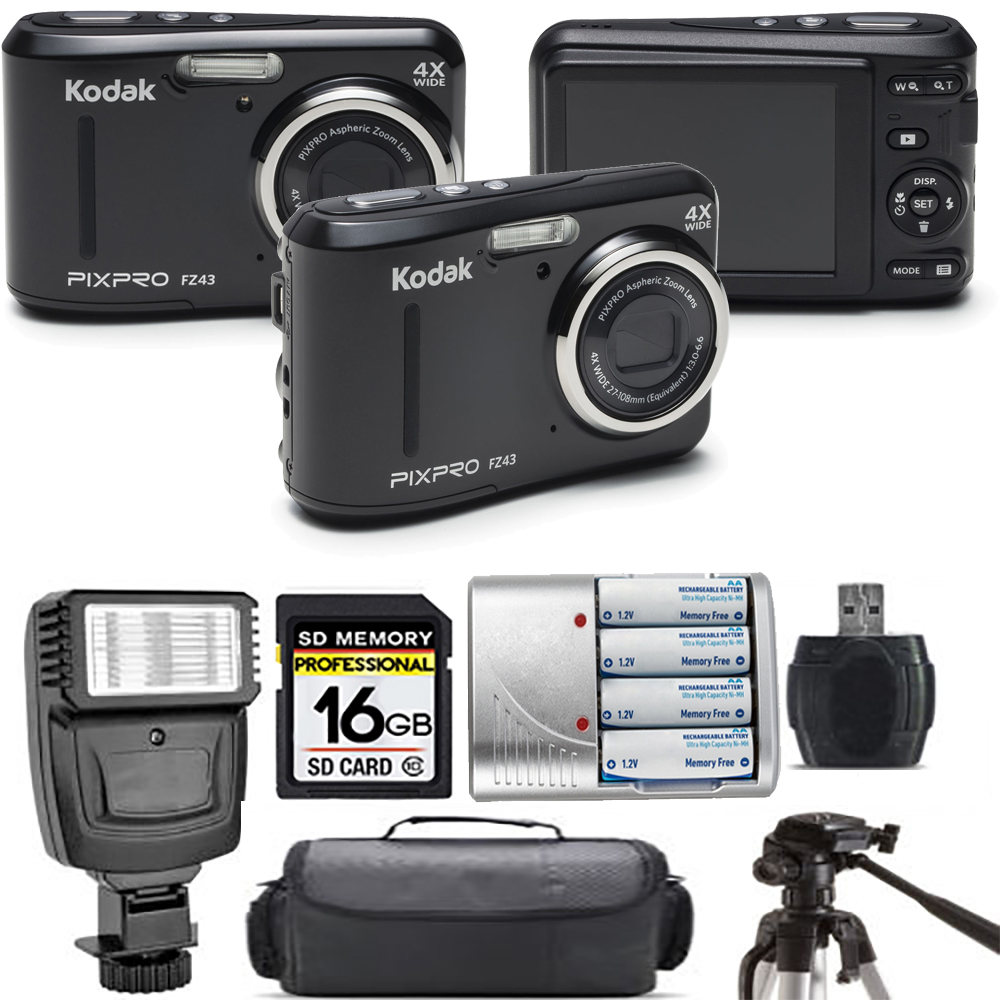 PIXPRO FZ43 Digital Camera (Black) + Extra Battery + Flash - 16GB Kit *FREE SHIPPING*