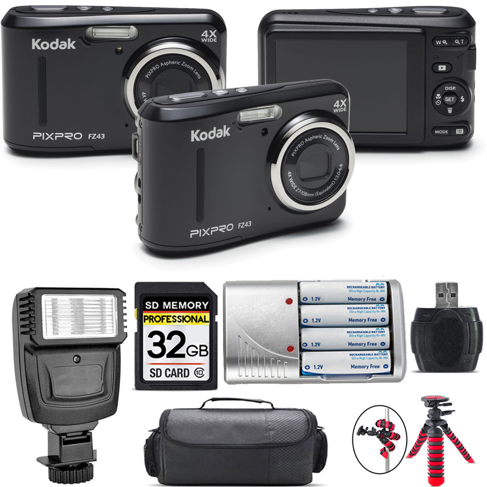 PIXPRO FZ43 Digital Camera (Black) + Extra Battery + Flash - 32GB Kit *FREE SHIPPING*