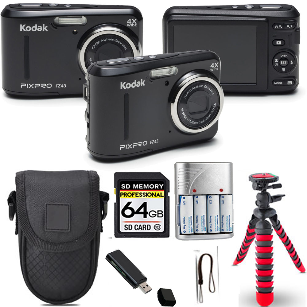 PIXPRO FZ43 Digital Camera (Black) + Spider Tripod + Case - 64GB Kit *FREE SHIPPING*