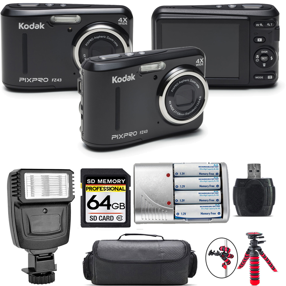 PIXPRO FZ43 Digital Camera (Black) + Extra Battery + Flash - 64GB Kit *FREE SHIPPING*