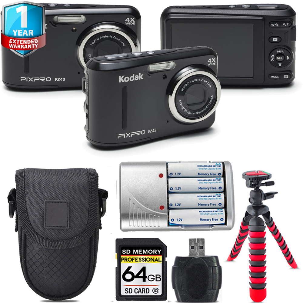 PIXPRO FZ43 Digital Camera (Black) + Extra Battery + 1 Year Extended Warranty - 64GB *FREE SHIPPING*