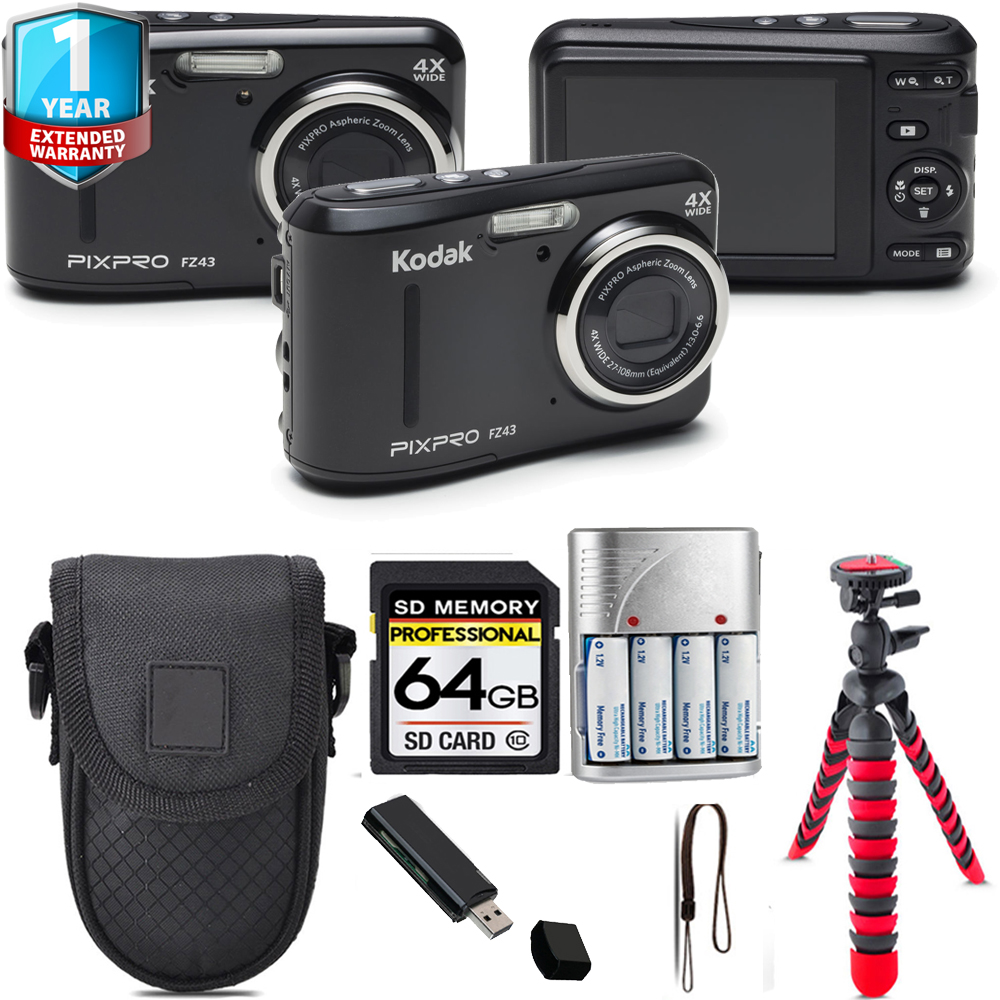 PIXPRO FZ43 Digital Camera (Black) + Tripod + 1 Year Extended Warranty - 64GB Kit *FREE SHIPPING*