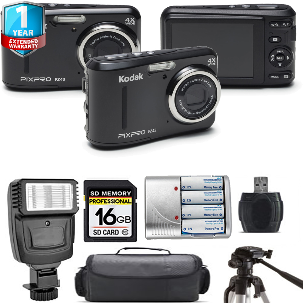 PIXPRO FZ43 Digital Camera (Black) + Extra Battery + Flash + 1 Year Extended Warranty *FREE SHIPPING*