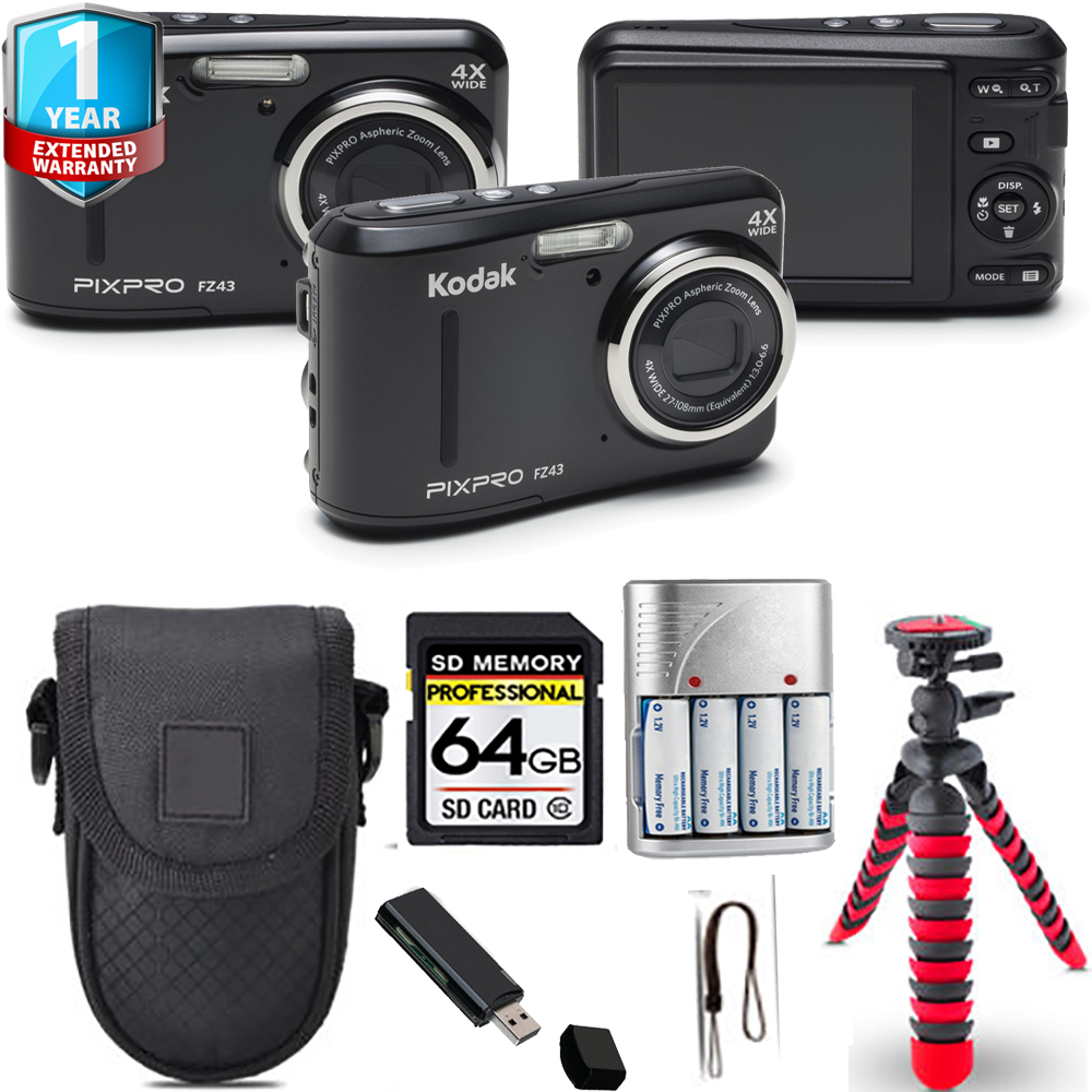 PIXPRO FZ43 Digital Camera (Black) + Spider Tripod + 1 Year Extended Warranty - 64GB *FREE SHIPPING*