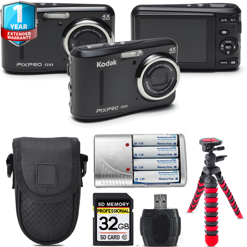 PIXPRO FZ43 Digital Camera (Black) + 1 Year Extended Warranty + Tripod + Case - 32GB *FREE SHIPPING*