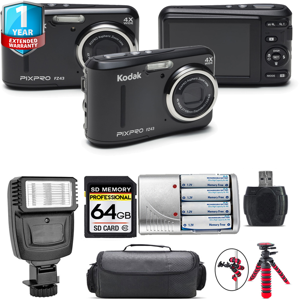 PIXPRO FZ43 Digital Camera (Black) + 1 Year Extended Warranty + Flash - 64GB Kit *FREE SHIPPING*