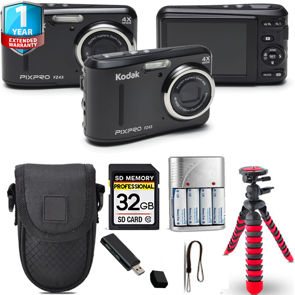 PIXPRO FZ43 Digital Camera (Black) + Tripod + Case + 1 Year Extended Warranty *FREE SHIPPING*