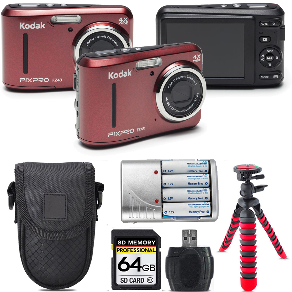 PIXPRO FZ43 Digital Camera (Red) + Extra Battery + Tripod + 64GB Kit *FREE SHIPPING*