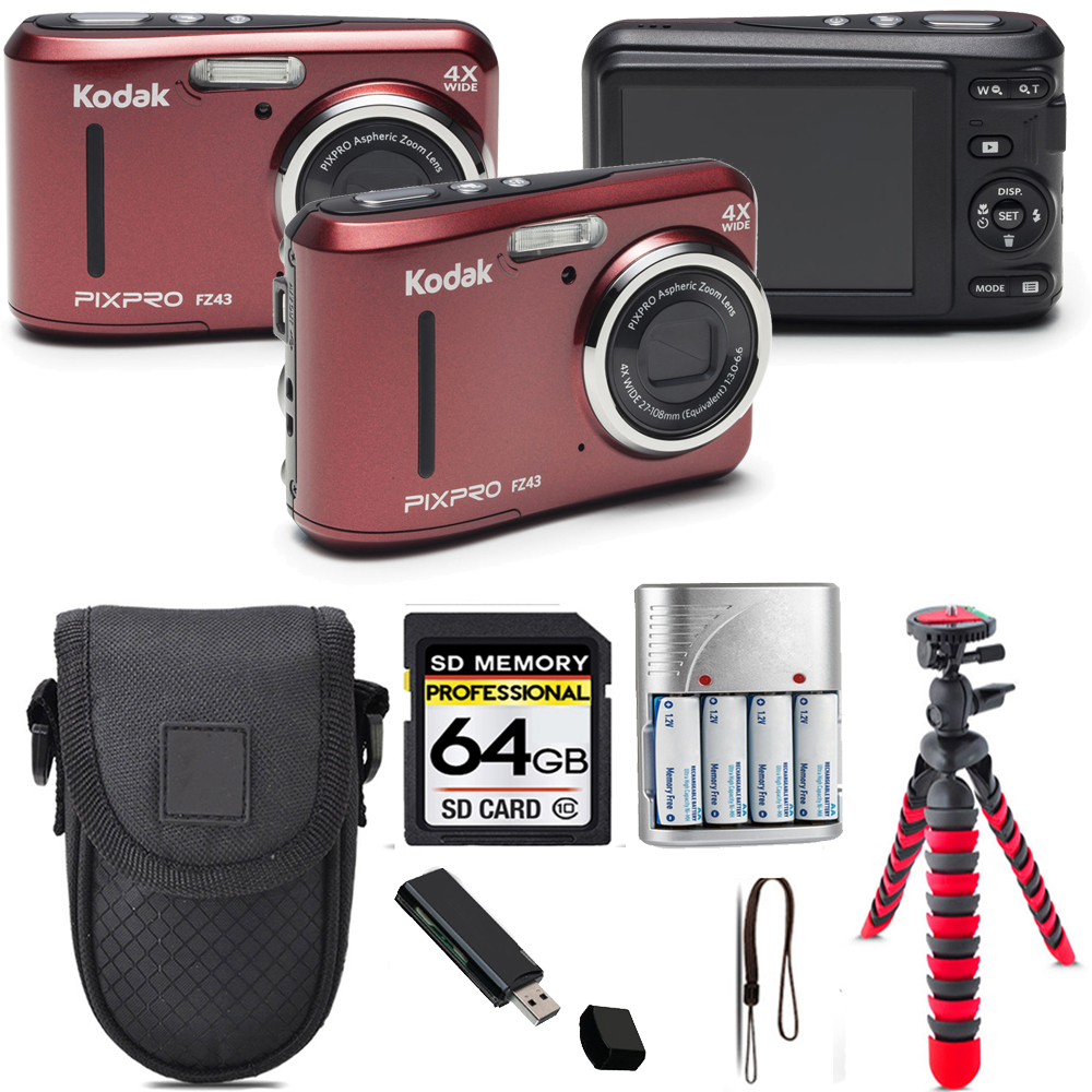 PIXPRO FZ43 Digital Camera (Red) + Tripod + Case - 64GB Kit *FREE SHIPPING*