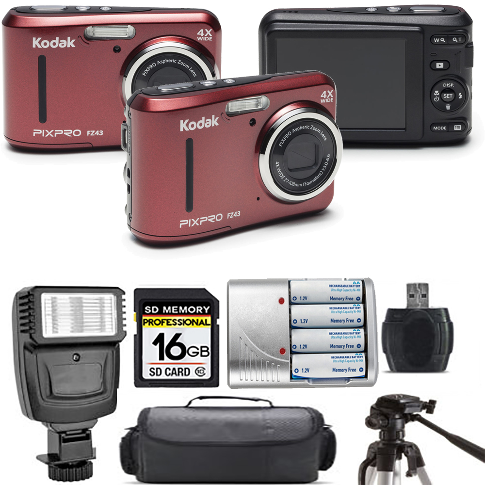 PIXPRO FZ43 Digital Camera (Red) + Extra Battery + Flash - 16GB Kit *FREE SHIPPING*