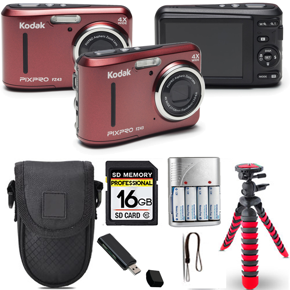 PIXPRO FZ43 Digital Camera (Red) + Spider Tripod + Case - 16GB Kit *FREE SHIPPING*