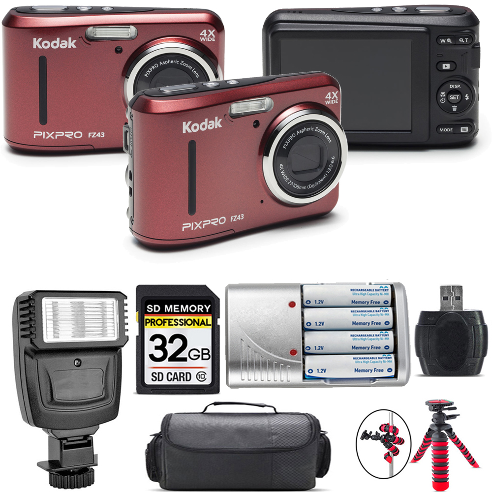 PIXPRO FZ43 Digital Camera (Red) + Extra Battery + Flash - 32GB Kit *FREE SHIPPING*