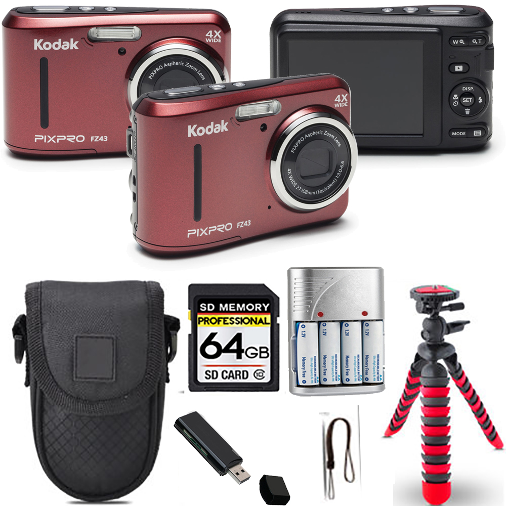 PIXPRO FZ43 Digital Camera (Red) + Spider Tripod + Case - 64GB Kit *FREE SHIPPING*