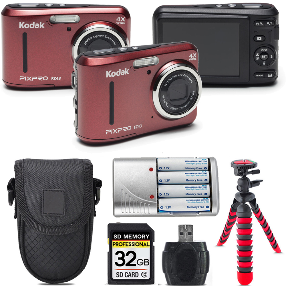 PIXPRO FZ43 Digital Camera (Red) + Extra Battery + Tripod + Case - 32GB Kit *FREE SHIPPING*