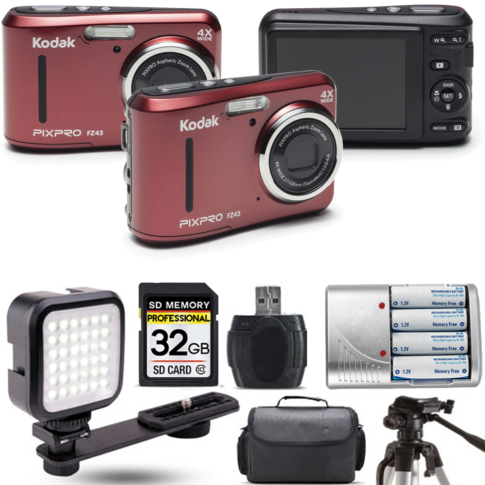PIXPRO FZ43 Digital Camera (Red) + Extra Battery + LED - 32GB Kit *FREE SHIPPING*