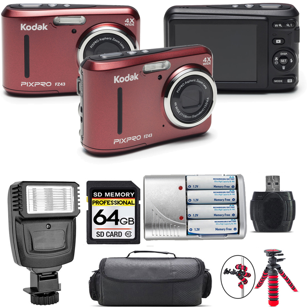PIXPRO FZ43 Digital Camera (Red) + Extra Battery + Flash - 64GB Kit *FREE SHIPPING*