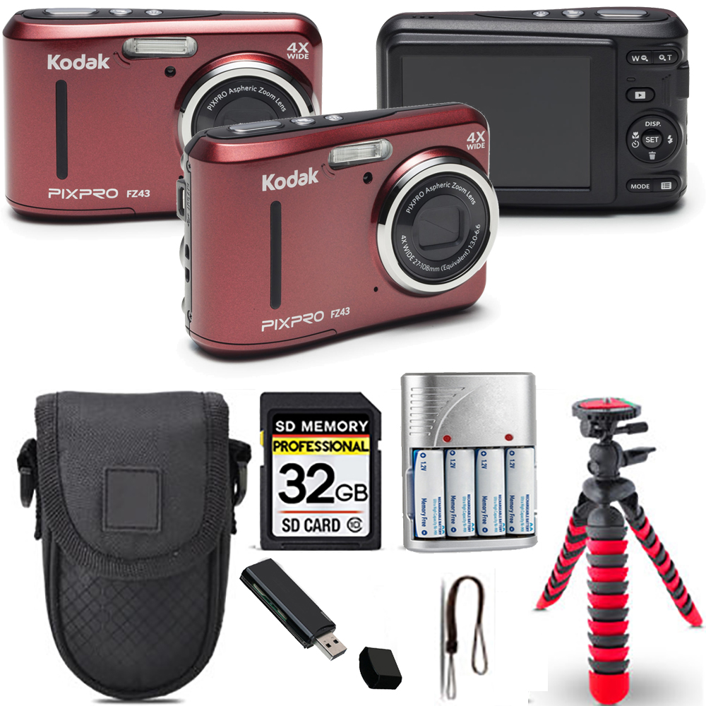 PIXPRO FZ43 Digital Camera (Red) + Spider Tripod + Case - 32GB Kit *FREE SHIPPING*
