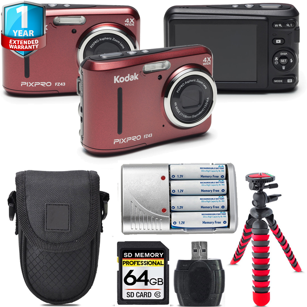 PIXPRO FZ43 Digital Camera (Red) + Extra Battery + 1 Year Extended Warranty - 64GB *FREE SHIPPING*