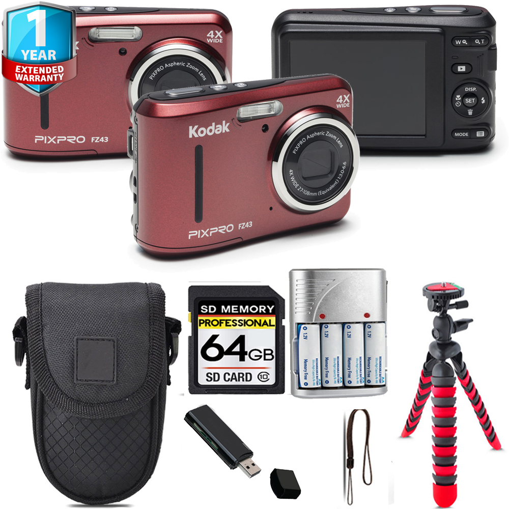 PIXPRO FZ43 Digital Camera (Red) + Tripod + 1 Year Extended Warranty - 64GB Kit *FREE SHIPPING*