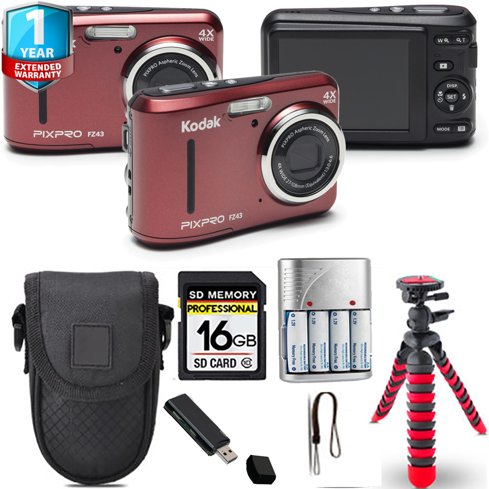PIXPRO FZ43 Digital Camera (Red) + Spider Tripod + Case + 1 Year Extended Warranty *FREE SHIPPING*