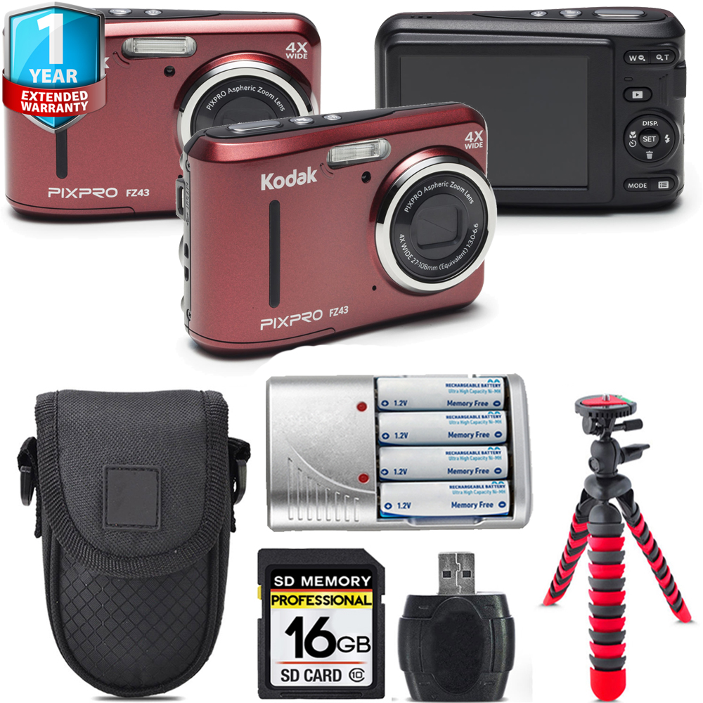 PIXPRO FZ43 Digital Camera (Red) + Extra Battery + 1 Year Extended Warranty + 16GB *FREE SHIPPING*
