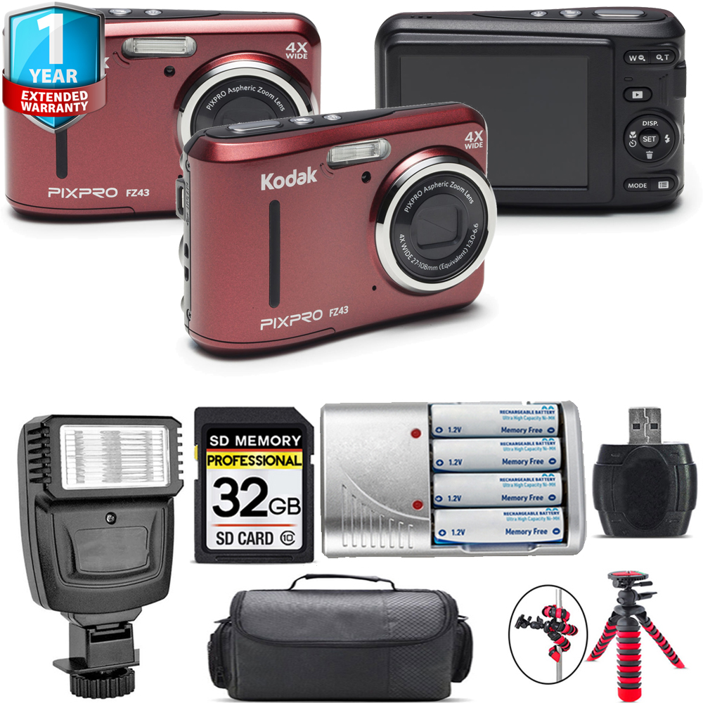 PIXPRO FZ43 Digital Camera (Red) + Extra Battery + 1 Year Extended Warranty + 32GB *FREE SHIPPING*