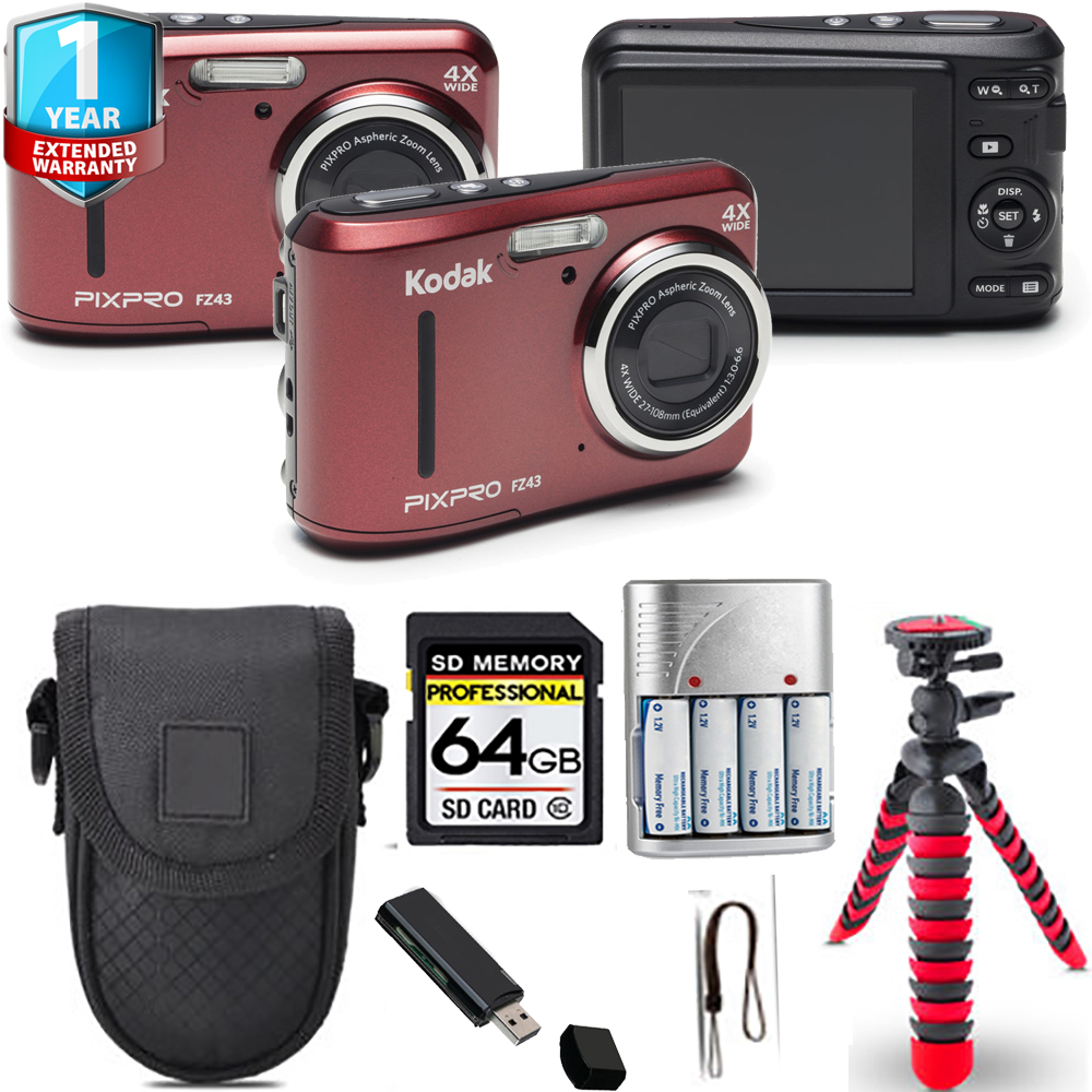PIXPRO FZ43 Digital Camera (Red) + Spider Tripod + 1 Year Extended Warranty - 64GB *FREE SHIPPING*