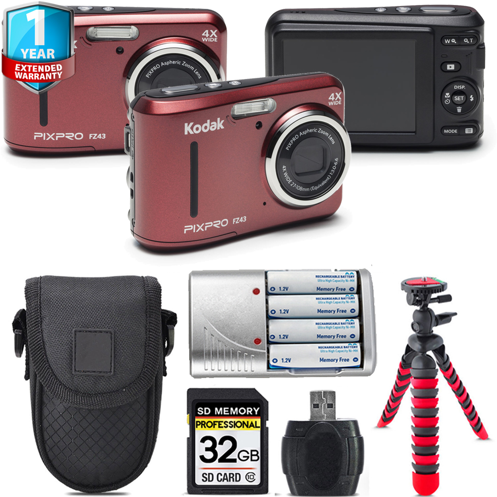 PIXPRO FZ43 Digital Camera (Red) + 1 Year Extended Warranty + Tripod + Case - 32GB *FREE SHIPPING*