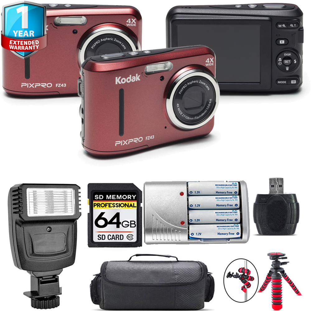 PIXPRO FZ43 Digital Camera (Red) + 1 Year Extended Warranty + Flash - 64GB Kit *FREE SHIPPING*